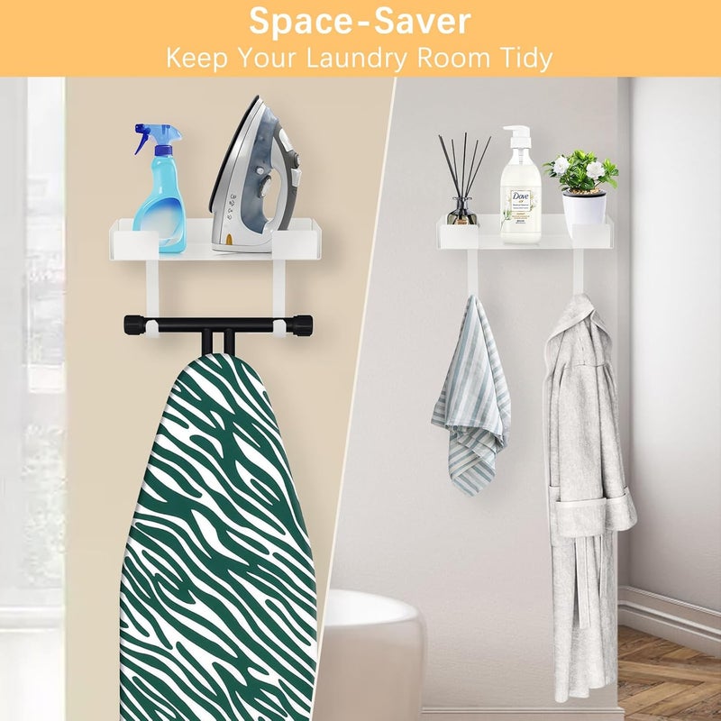 JUYSON Ironing Board Holder Wall Mount, Iron Board Storage Hanger for Laundry Rooms, Iron and Ironing Board Set Holder (White-with Shelf) - Image 2